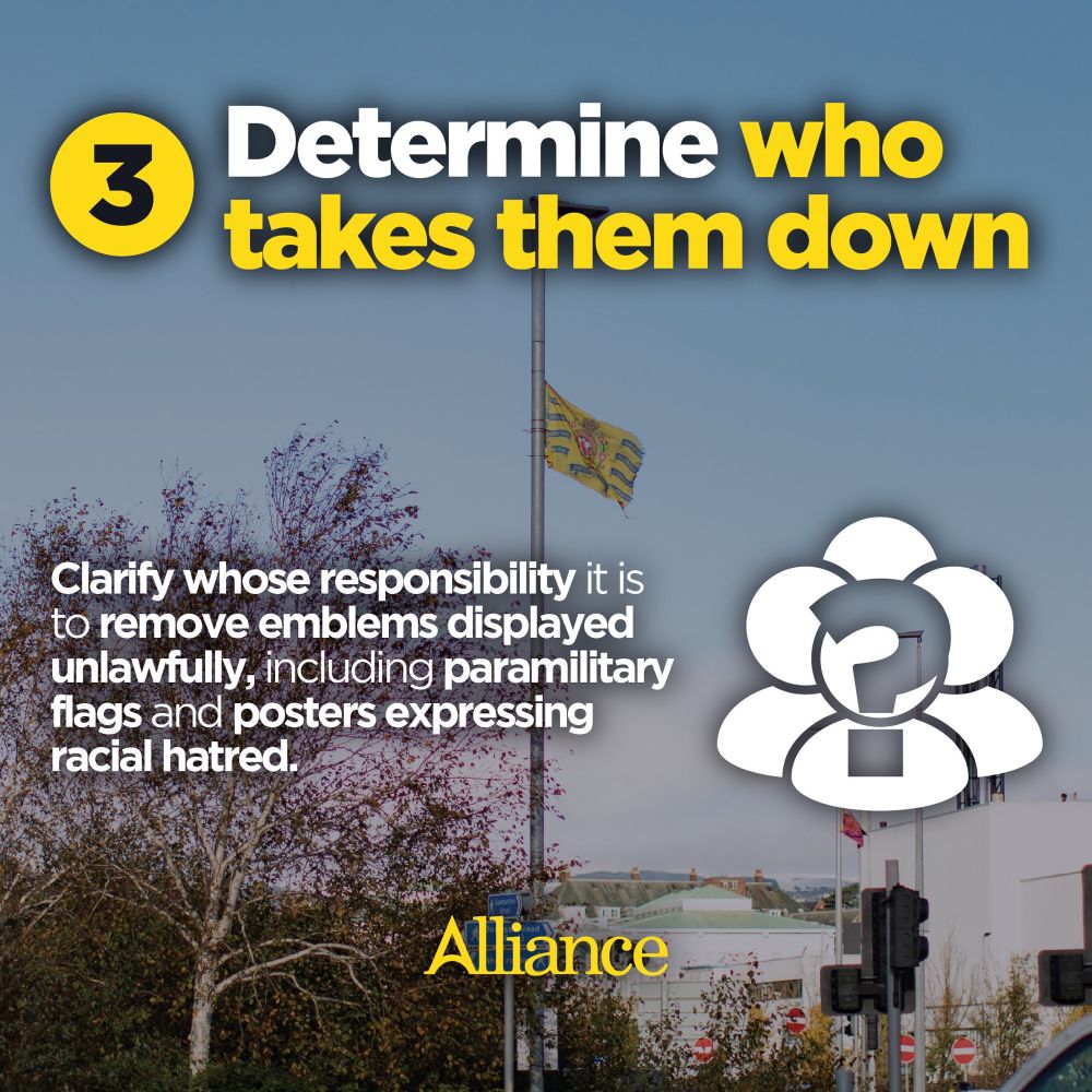 Text reads: Determine who takes them down. – Clarify whose responsibility it is to remove emblems displayed unlawfully, including paramilitary flags and posters expressing racial hatred.
