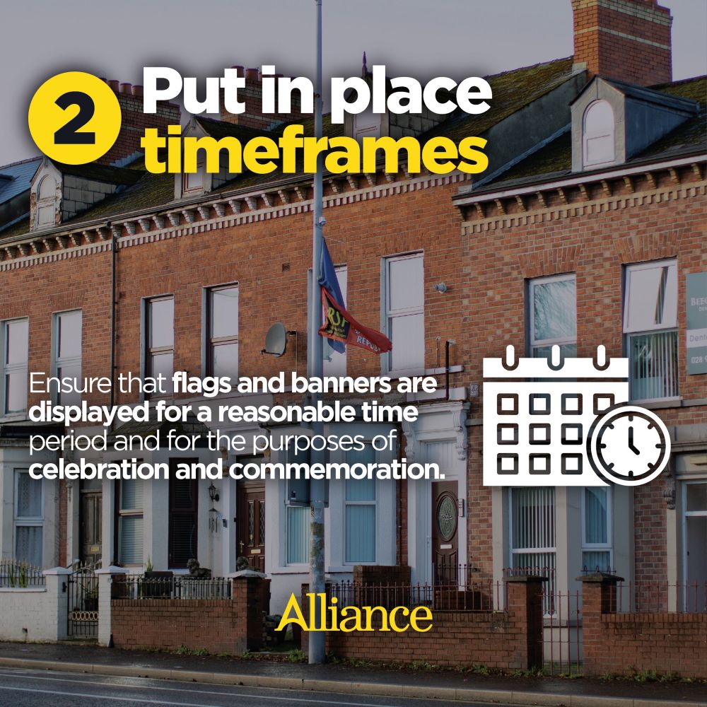 Text reads: 1. Set out the rules and guidelines. – Establish a regulatory framework for the display of emblems (including on flags, banners and posters) on lamp posts and other street furniture.
