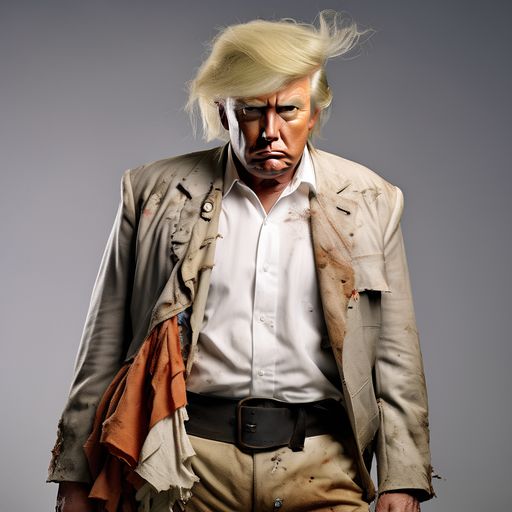 An AI picture of tRump in an old, dirty suit looking like a tramp.