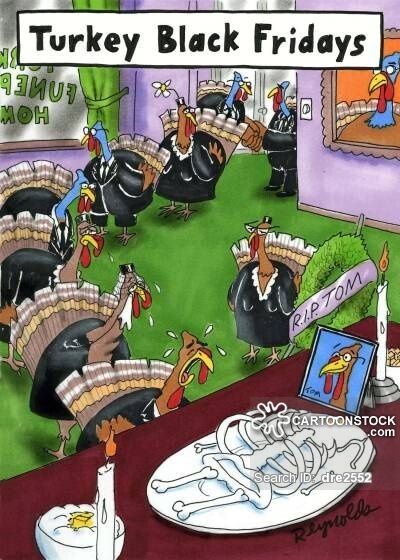 A cartoon of turkeys wearing black clothes, lined up in front of a table, with the bones of a turkey laid out on a plate. At the top of the page are the words, 'Turkey black fridays'