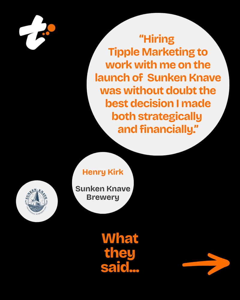 Testimonial from Henry Kirk of Sunken Knave Brewery praising Tipple Marketing for successful launch collaboration, highlighting strategic and financial benefits.