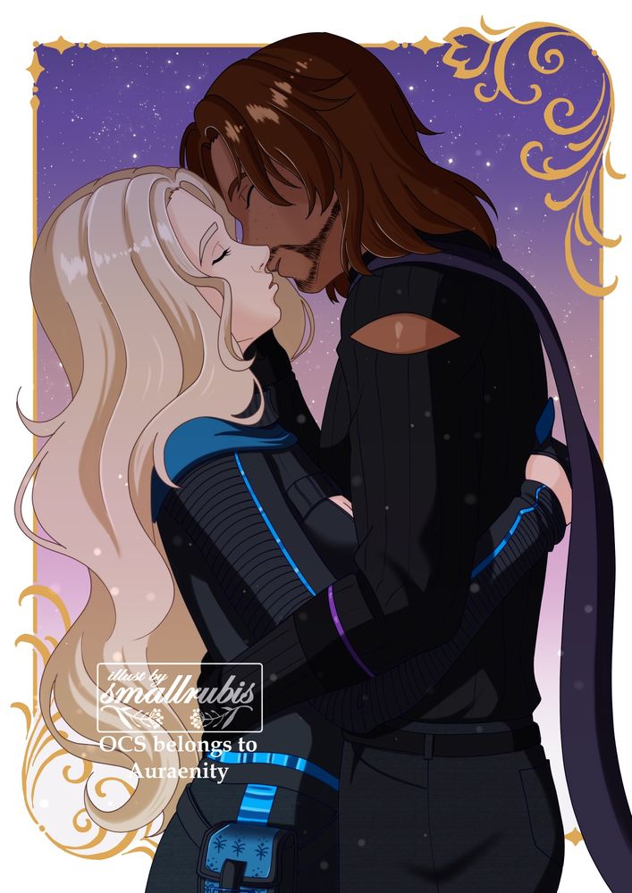 An illustration of a couple, almost kissing in front of a sunset