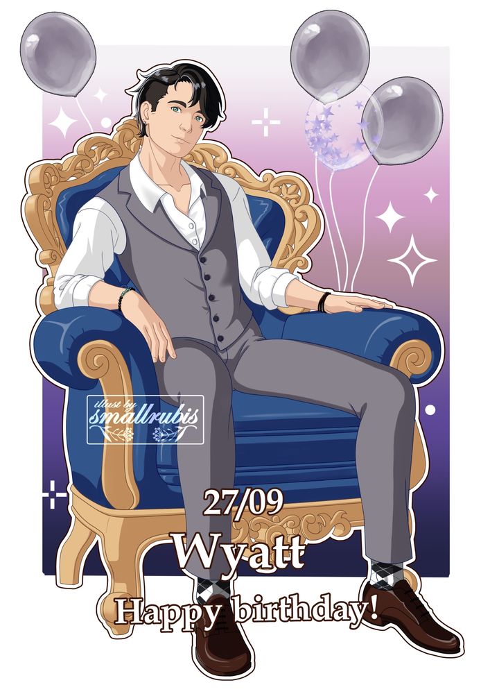 An illustration of the user's OC, Wyatt. A young white man with ash hair and green eyes, sitting on a blue and golden throne. Wyatt wears a greyish suit and white open shirt

There's ballon on the background to celebrate his birthday!