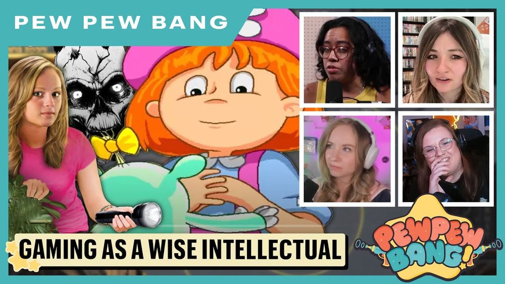 Pew Pew Bang youtube thumbnail. The four of us have a thinking expression. Text says "gaming as a wise intellectual"