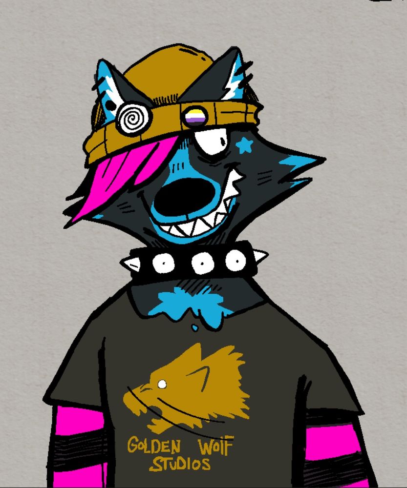 Digital drawing of a cartoon wolf, zey are smiling with goofy sharp teeth. They are black and a bright blue similar to blue raspberry flavored things. They have bright pink hair and black and bright pink stripes on their long sleeve undershirt. Zey are wearing a teeshirt over the striped shirt that says “golden wolf studios” with a gold snarling wolf silhouette. Zey are wearing a beanie with a spiral pin and a non-binary pin. They are also wearing a spiked collar.