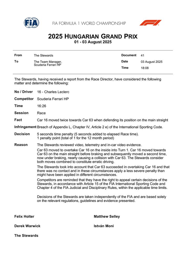 2025 Hungarian Grand Prix - Infringement - Car 16 - Erratic Driving