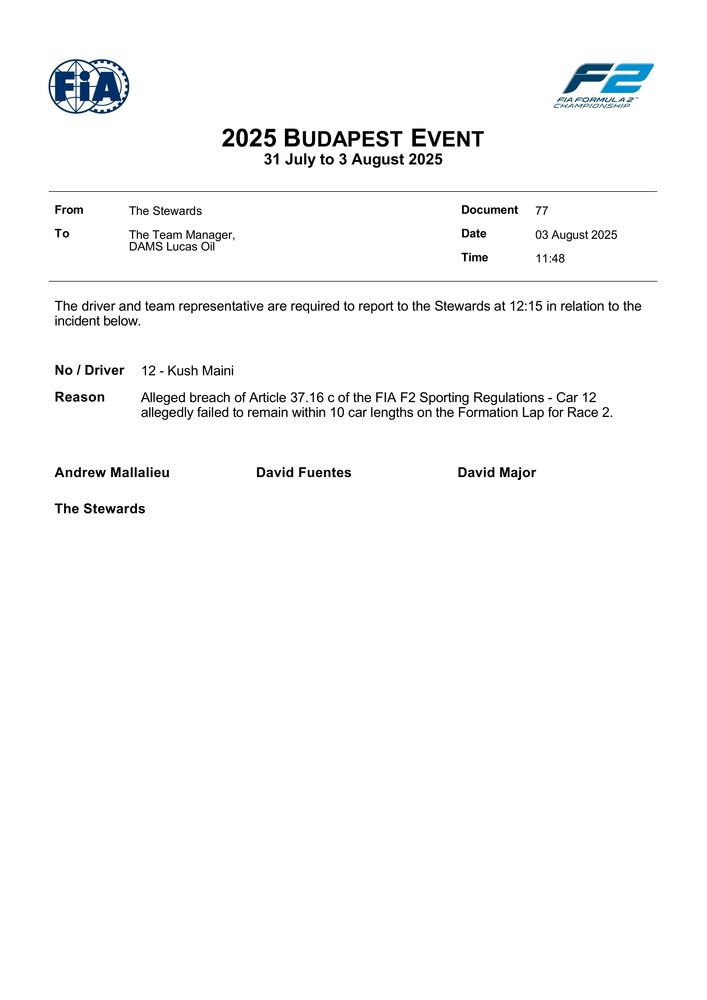 2025 Budapest Event - Summons - Car 12 - Alleged Failure To Remain Within 10 Car Lengths On Formation Lap