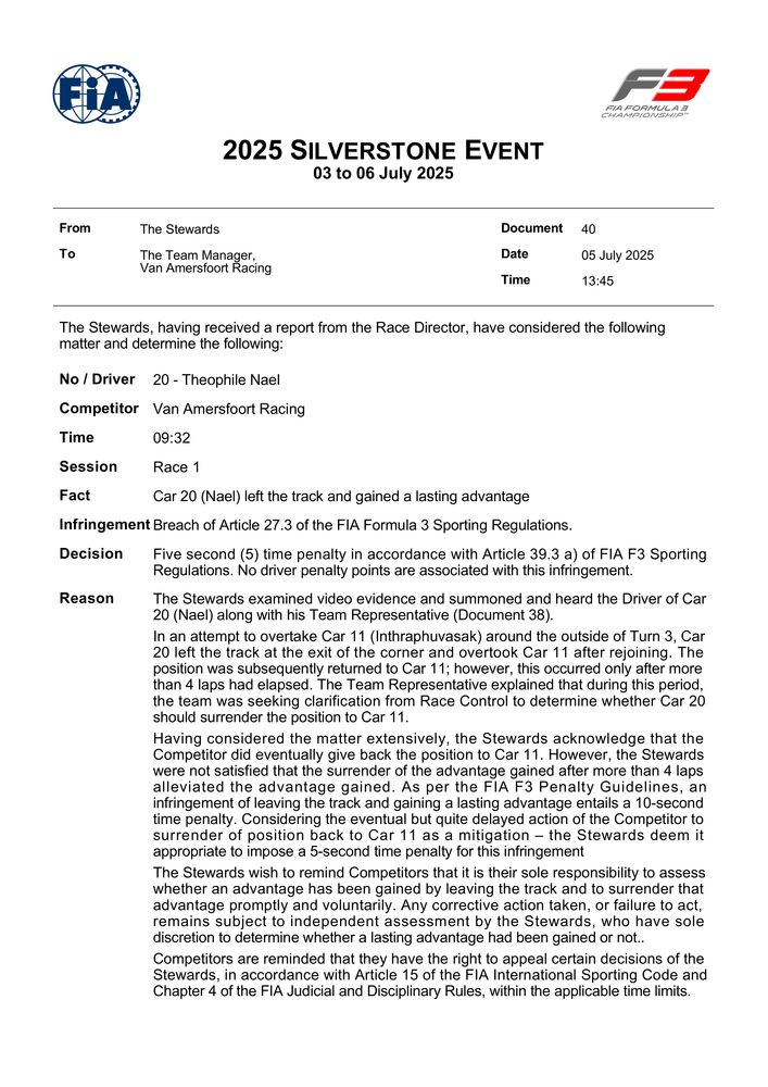 2025 Silverstone Event - Infringement - Car 20 - Leaving The Track And Gaining An Advantage - Second Offence