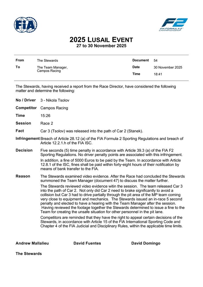 2025 Lusail Event - Infringement - Car 3 - Unsafe Release In Race 2