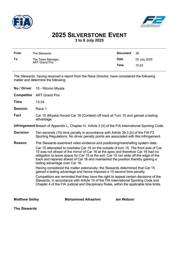 2025 Silverstone Event - Infringement - Car 15 - Forced Car 16 Off Track And Gained Lasting Advantage