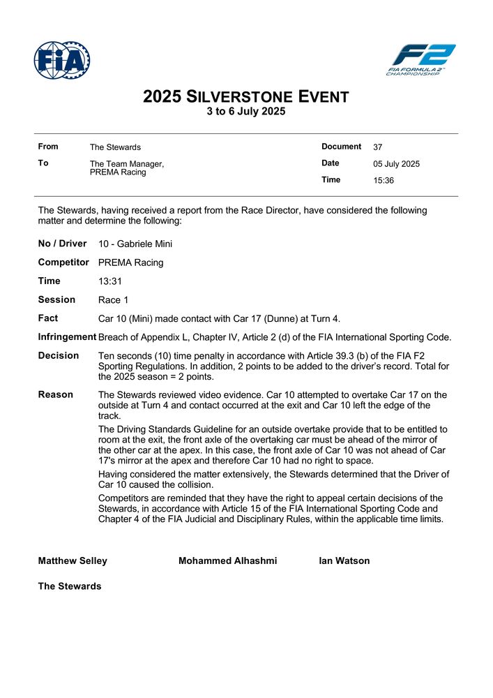 2025 Silverstone Event - Infringement - Car 10 - Causing A Collision