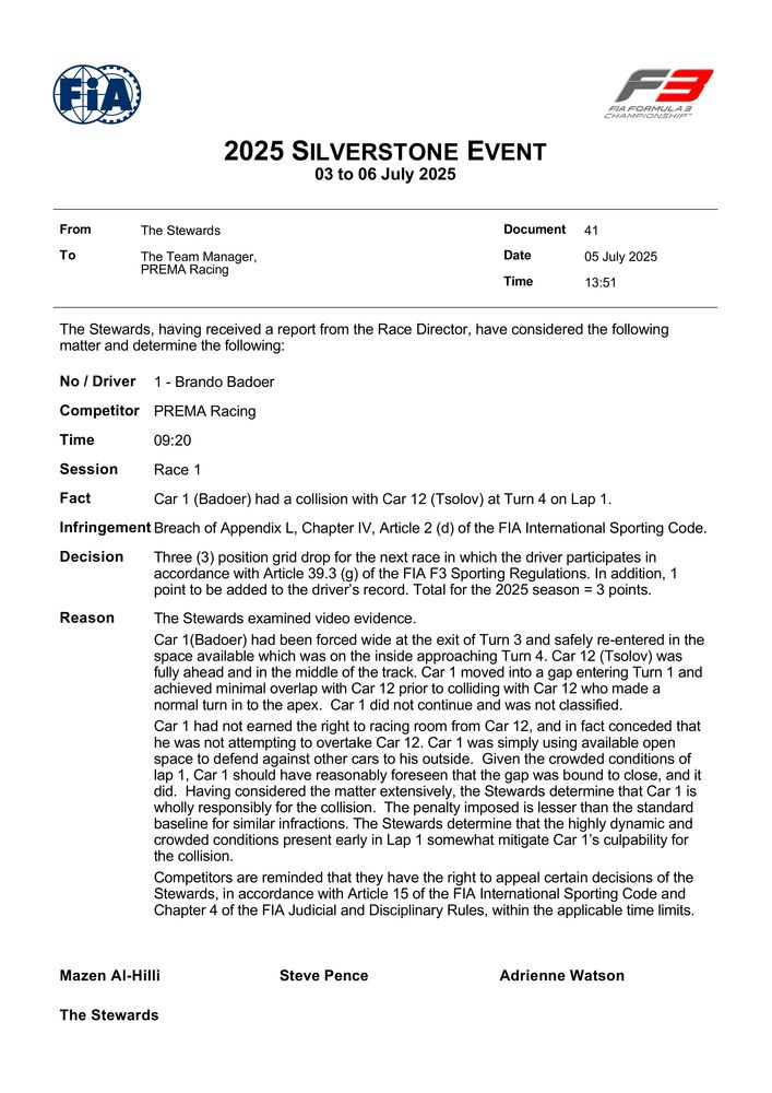 2025 Silverstone Event - Infringement - Car 1 - Causing A Collision With Car 12