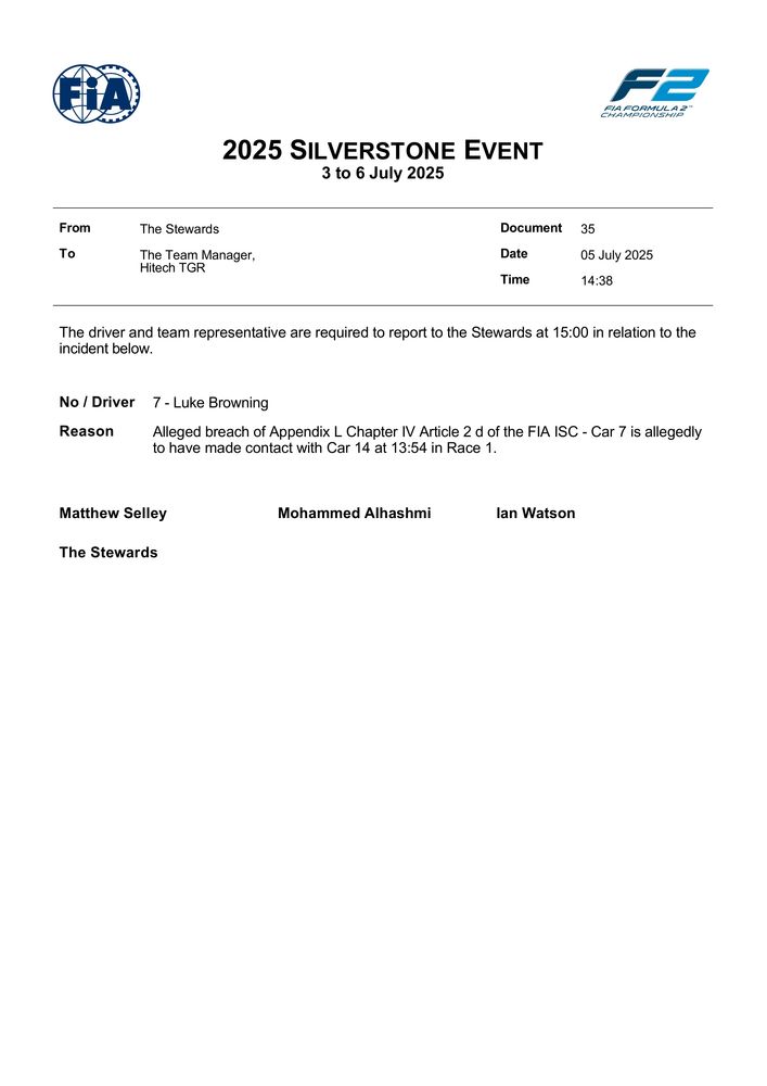 2025 Silverstone Event - Summons - Car 7 - Allegedly Contact With Car 14 At Turn 7 In Race 1