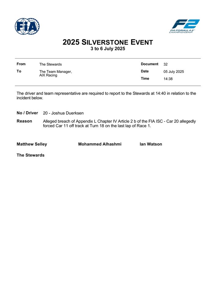 2025 Silverstone Event - Summons - Car 20 - Allegedly Forced Car 11 Off Track T18 Last Lap