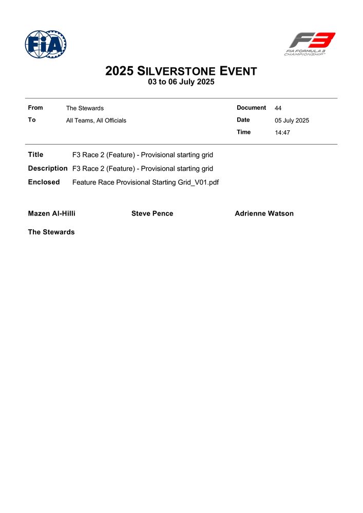 2025 Silverstone Event - F3 Race 2 Feature - Provisional Starting Grid