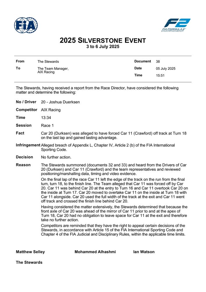 2025 Silverstone Event - Decision - Car 20 - Alleged Forced Car 11 Off Track And Gained Lasting Advantage