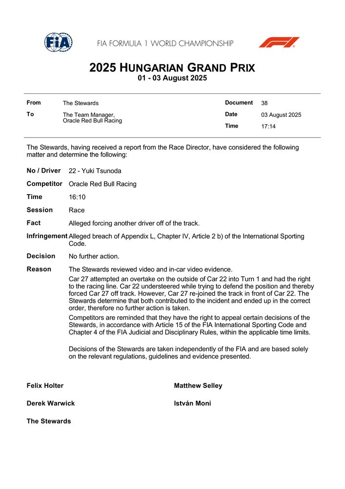 2025 Hungarian Grand Prix - Decision - Car 22 - Alleged Forcing Another Driver Off Of The Track