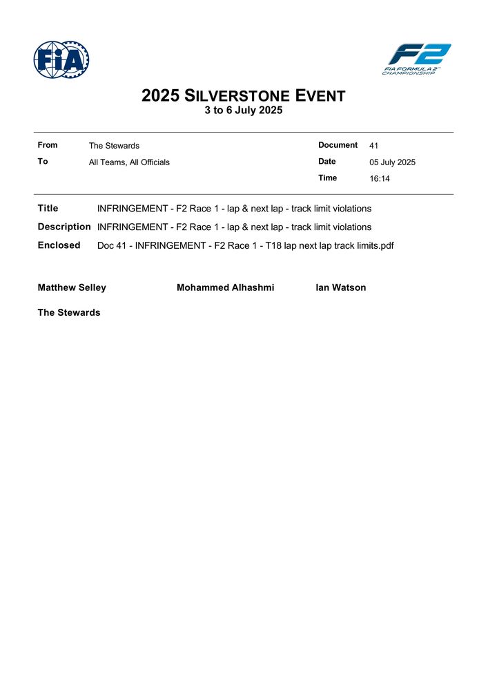 2025 Silverstone Event - Infringement - F2 Race 1 - Lap Next Lap - Track Limit Violations
