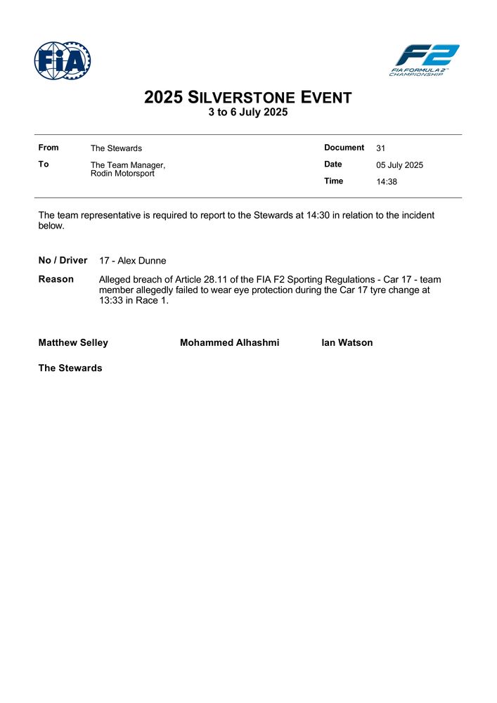 2025 Silverstone Event - Summons - Car 17 - Team Manager - Alleged Breach Of Sr 28.11 - Eye Protection