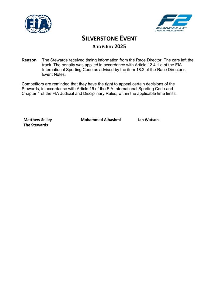 2025 Silverstone Event - Infringement - F2 Race 1 - Lap Cancellations