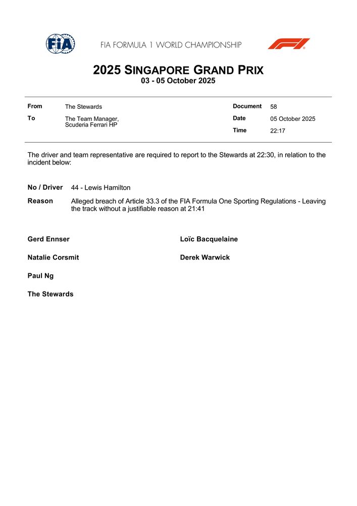2025 Singapore Grand Prix - Summons - Car 44 - Track Limits
