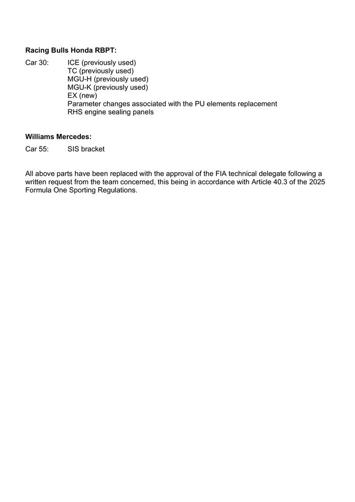 2025 Singapore Grand Prix - Parts And Parameters Been Replaced And Or Changed During Parc Ferme