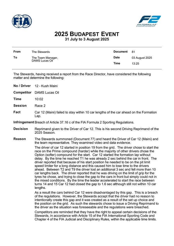 2025 Budapest Event - Infringement - Car 12 - Failure To Remain Within 10 Car Lengths On Formation Lap