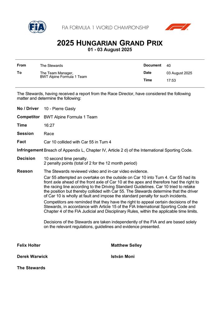 2025 Hungarian Grand Prix - Infringement - Car 10 - Colliding With Car 55
