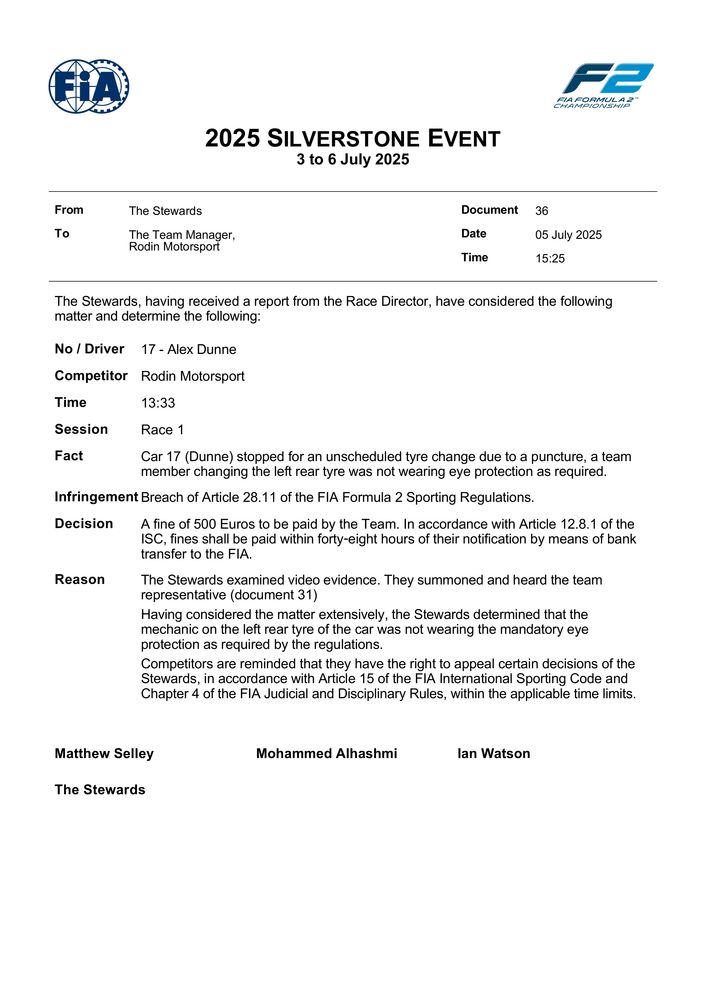 2025 Silverstone Event - Infringement - Car 17 - Failure To Wear Eye Protection Article 28.11