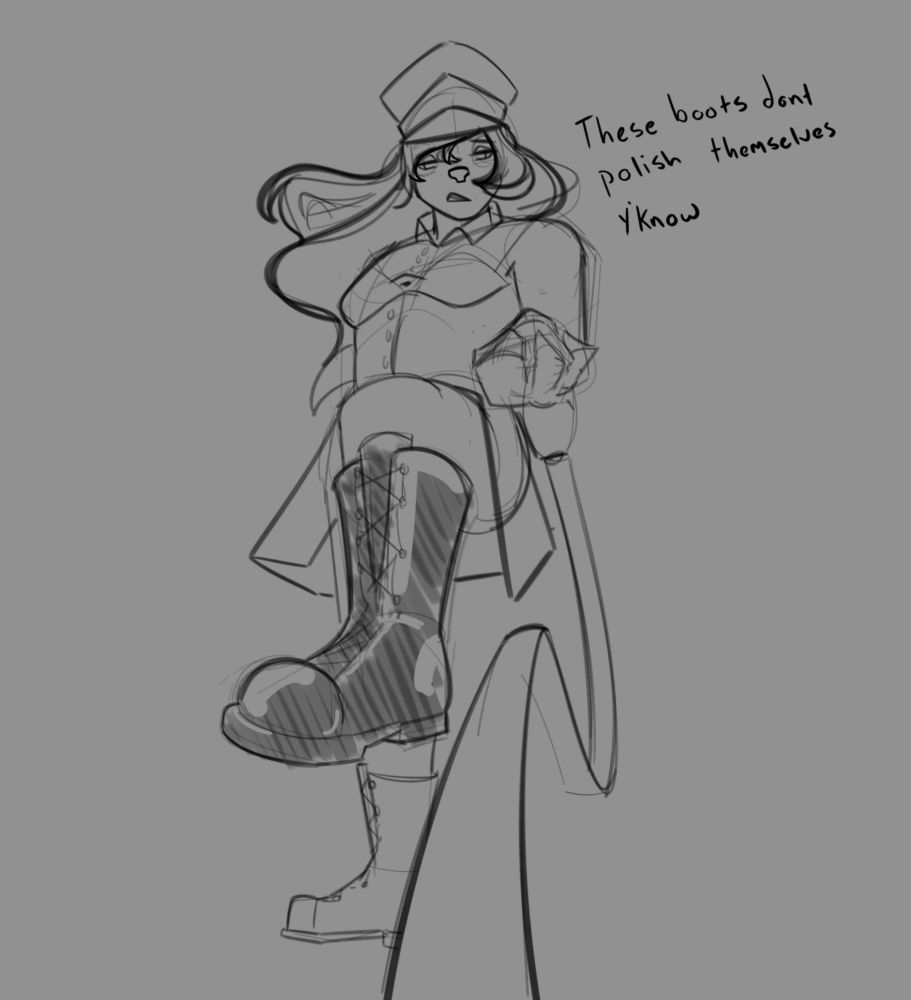 a uniformed figure presents her shiny boots for a leashed pet to lick at. She admonishes them that the boots dont polish themselves