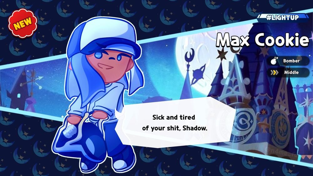 A drawing of a Splatoon competitive player named Max, made in the style of Cookie Run Kingdom. It resembles the screen you get from obtaining a cookie.