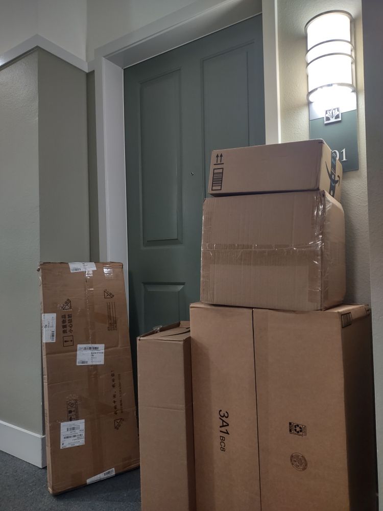An apartment door, nearly half obscured by cardboard shipping boxes.