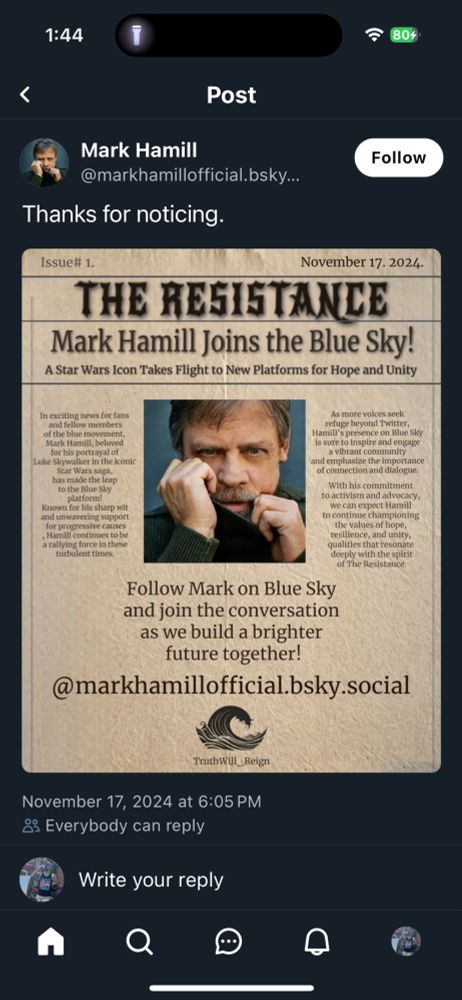 picture of a mark hamill tweet announcing he's on bluesky