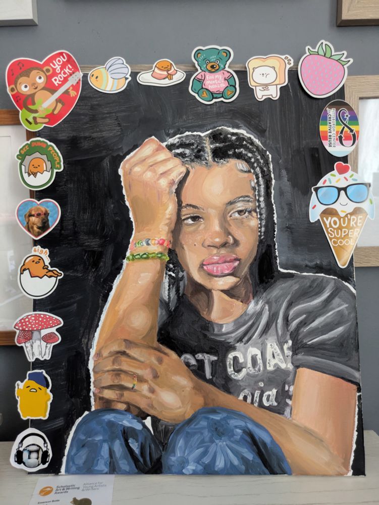 This picture is a self-portrait of a thirteen-year-old girl using stickers to symbolize her transition from childhood to young adulthood. 