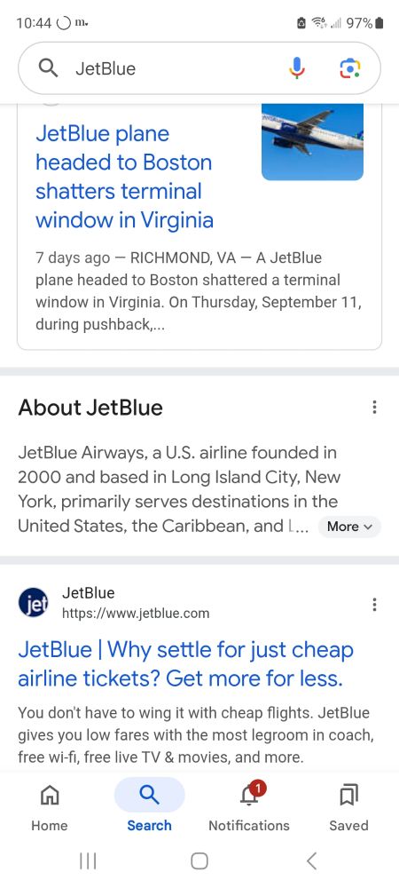 Screenshot of a news article of a jet blue plan shattering terminal in Virginia. A little ways down there has the website for jetblue that says "why settle for just cheap airline tickets? Get more for less". Indeed. 