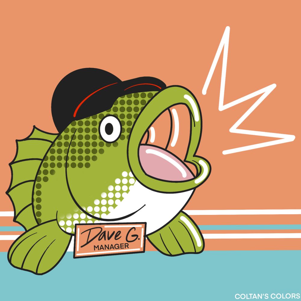 Illustration of Dave Green, a largemouth bass wearing a black cap and name tag that reads Dave G. MANAGER. 