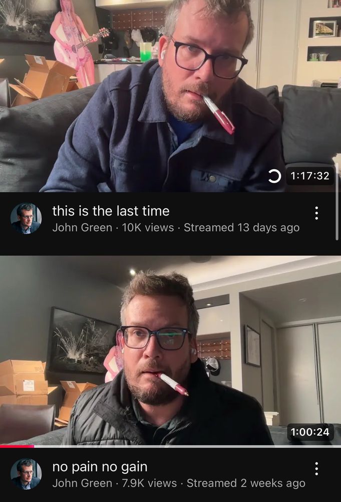 Two YouTube thumbnails of John Green with  a sharpie in his mouth.