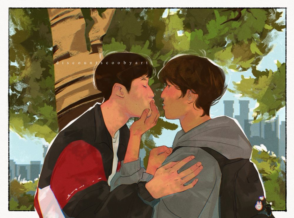 suho and sieun from weak hero class. suho is leaning in for a kiss but sieun stops him with his hand. suho's lips are touching the fingertips of sieun's hand. 