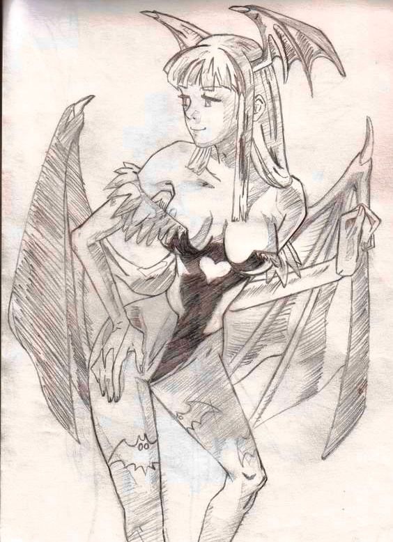 Sketch study of Morrigan from Darkstalkers official artwork in Marvel vs Capcom 2 originally illustrated by Bengus. Drawn with technical pencil on Bristol white paper. 