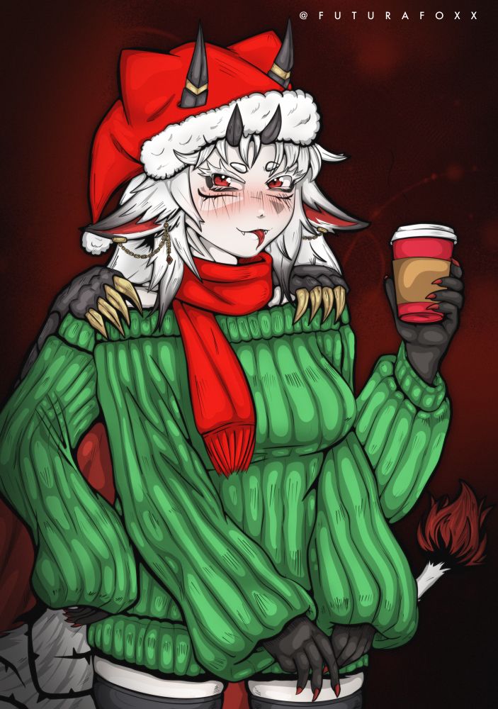 Original Character illustration in a cozy comfy Christmas-themed outfit holding a cup of coffee. Drawn in Procreate on iPad Pro