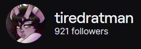 White text on a black background that says "tiredratman 921 followers" next to a circle drawn image of demon rat Prince.