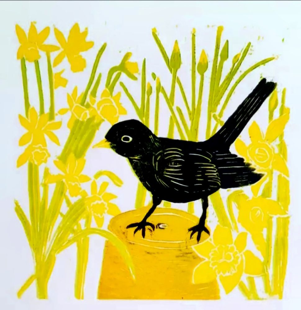 A favourite spring lino print, featuring daffodils and a blackbird.