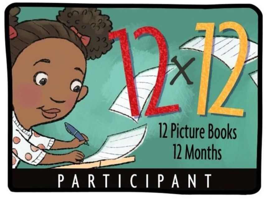 Participant badge showing a little girl writing; it says 12x 12: 12 Picture Books 12 Months