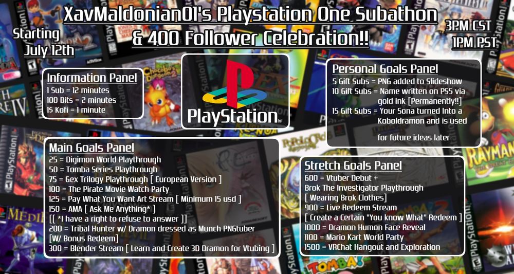 Poster for XavMaldonian01's Subathon themed for playing PSOne games!