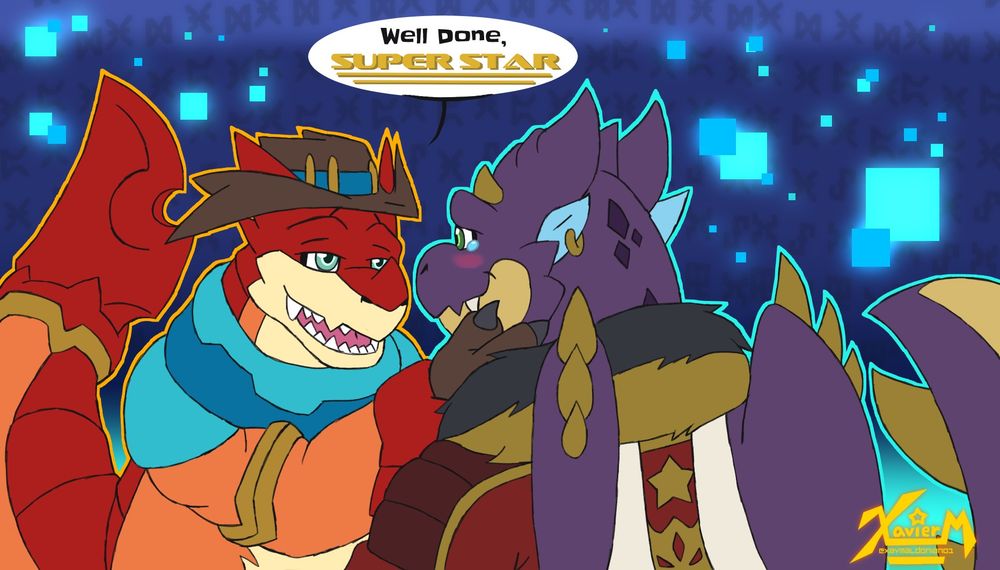 After a rough battle in the Net World, Kaiser cradles his partner's chin and praises him with a special nickname just for the purple dramon.