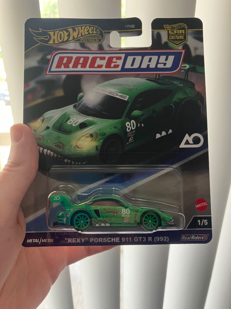 Hot wheels diecast of The AO Racing Rexy Porsche