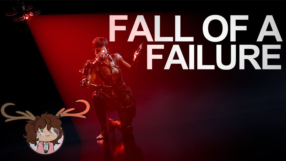 Skull Merchant kneeling in a shallow void of water, with her Drone lighting the scene behind her. The Subtitle reads: "Fall of a Failure." My watermark is in the bottom left corner.