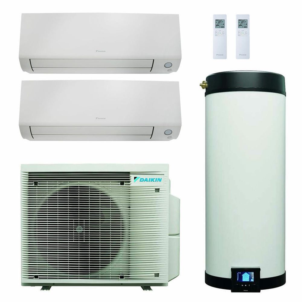 Daikin Klimaanlagen Set Bestehend aus einem Außengerät mit 2 Wandgeräten und  120l Warmwassersystem 