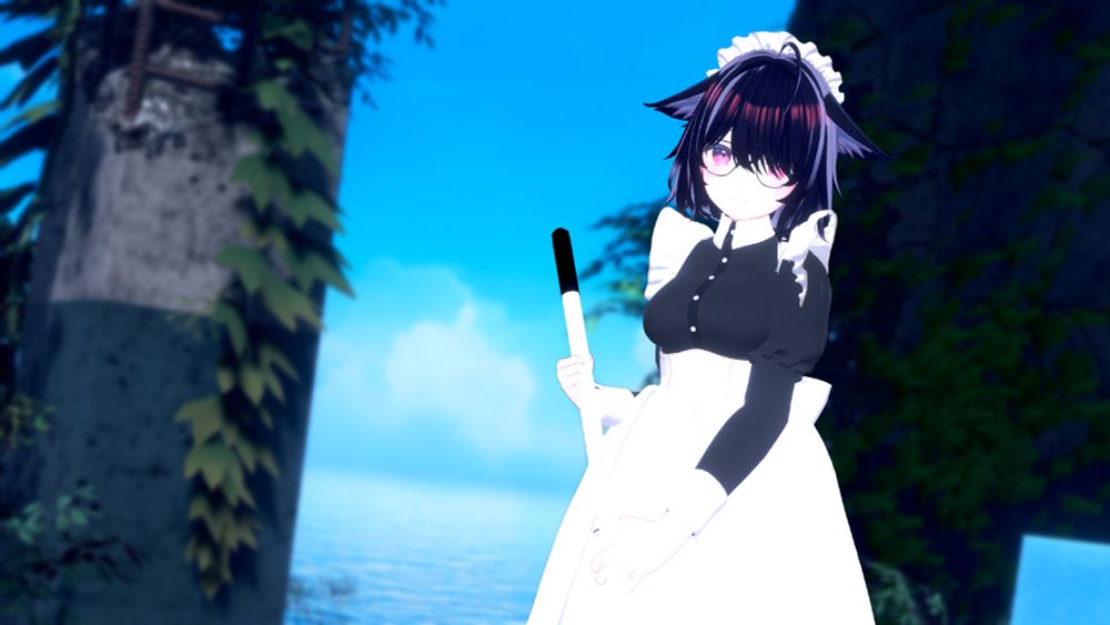 Remi in a maid outfit standing with a broom