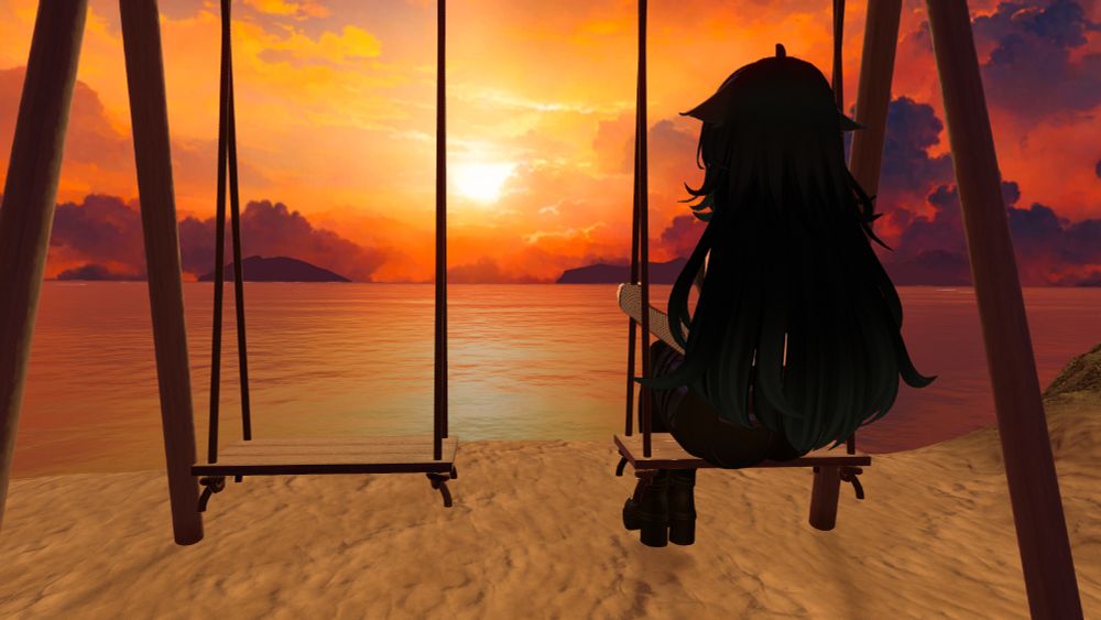 Remi sitting on a swing looking into the sunset